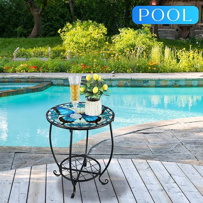 Outdoor Side Table Round Small Mosaic Patio Accent Indoor End Plant Coffee Tea Table for Yard Patio Porch Garden Living Room, Bedroom