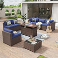 Aoxun 8-Piece Outdoor Patio Furniture Set - 44” Fire Pit Table, Durable Wicker Rattan Sectional Sofa with Coffee Table, Comfy Thickened Cushions, Blue (Waterproof Cover Included)
