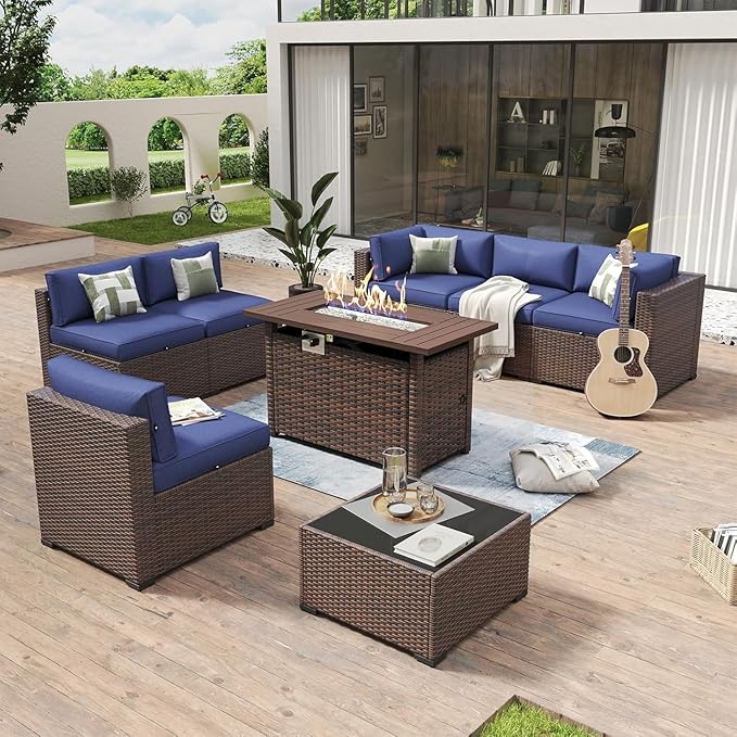 Aoxun 8-Piece Outdoor Patio Furniture Set - 44” Fire Pit Table, Durable Wicker Rattan Sectional Sofa with Coffee Table, Comfy Thickened Cushions, Blue (Waterproof Cover Included)