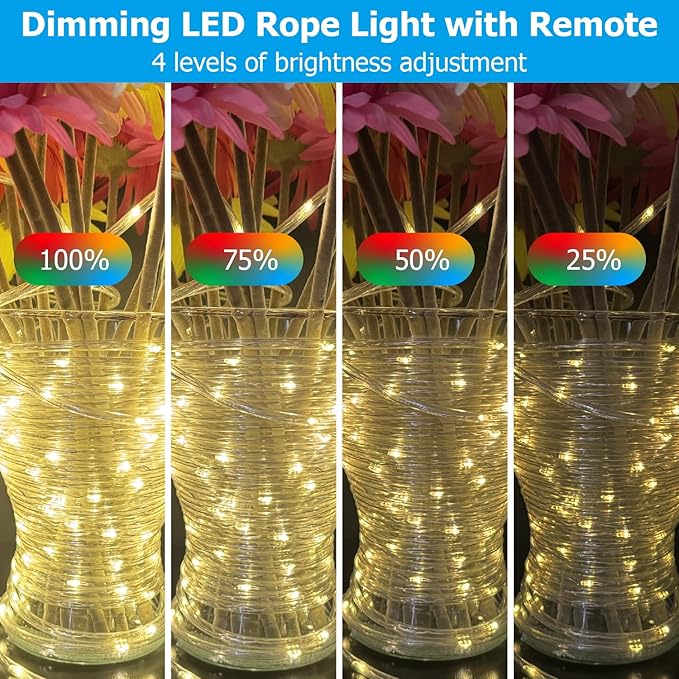 200ft Outdoor Rope Light, IP68 Waterproof 25 Color Changing String Lights with 149 Modes, Warm White & RGB LED Multicolor Twinkle Fairy Tube Lights for Indoor & Outside Railing, Balcony, Patio Decor
