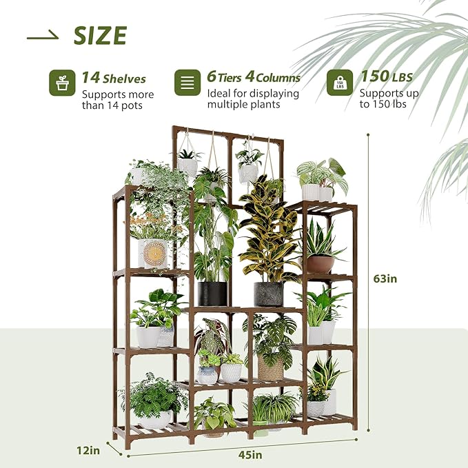 Plant Stand Indoor Outdoor 63" Tall Plant Shelf for Plants 12-Tier Large Plant Sheves for Living Room Heavy Duty Plant Rack Garden Balcony Patio Hanging Planter