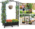 Planter Box with Trellis Outdoor, 57in Plastic Raised Garden Bed with Trellis Hanging Roof for Vine Flower, with Lockable Wheels & Drain Plug for Patio Backyard Balcony, Black, 1 Pc