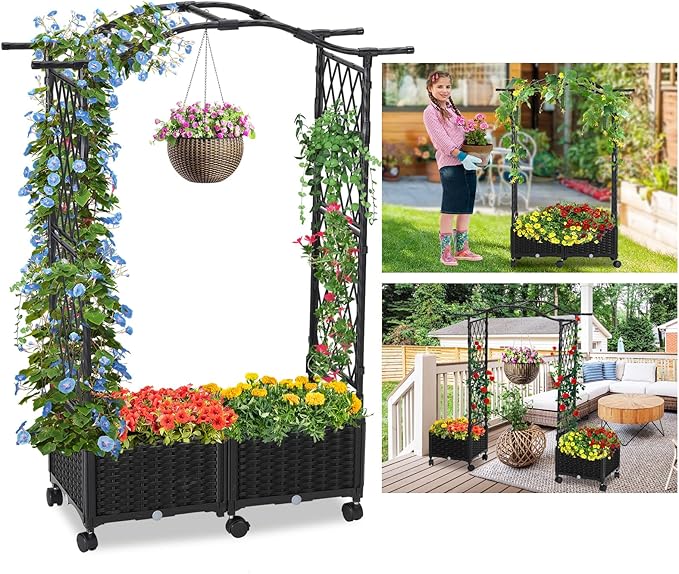 Planter Box with Trellis Outdoor, 57in Plastic Raised Garden Bed with Trellis Hanging Roof for Vine Flower, with Lockable Wheels & Drain Plug for Patio Backyard Balcony, Black, 1 Pc