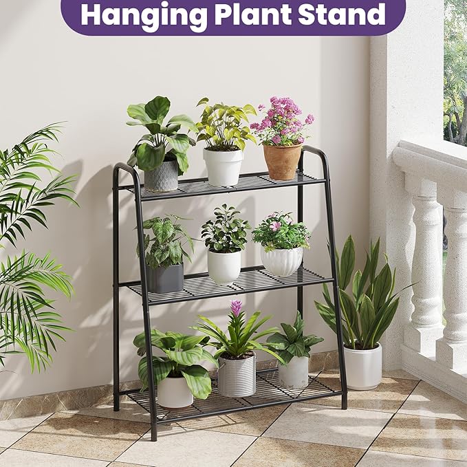 3-Tier Corner Plant Stand, Metal Black Flower Pot Rack, Indoor Outdoor Heavy Duty Shelf (Black, 3 Tier)