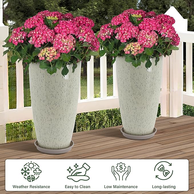 Set of 2 Lightweight Ceramic-Look Tall Planter, 21 inch Large Plastic Planter with Drain Hole & Saucers, Large Outdoor Planters for Porch, Garden, Patio, Balcony(Glaze Beige)