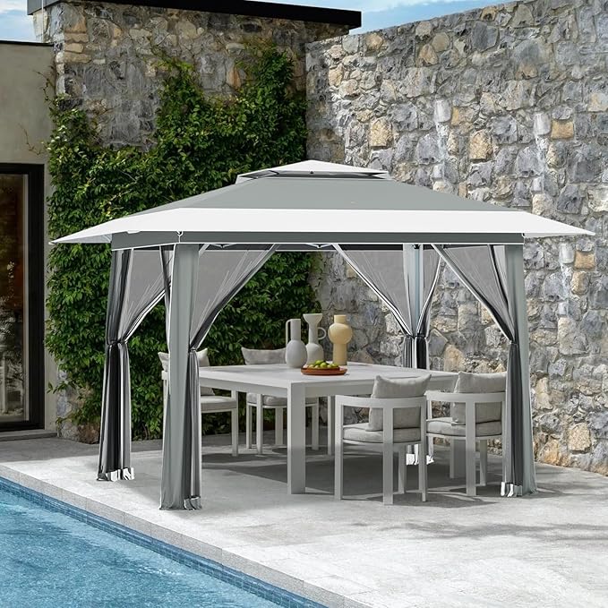 ECOTOUGE 13x13 FT Pop Up Canopy Tent with Mosquito Nettings, Patio Party Instant Shelte Gazebo w/Carrying Roller Bag Waterproof and UV Resistant for Outdoor Garden, Grill and Backyard, Grey-White