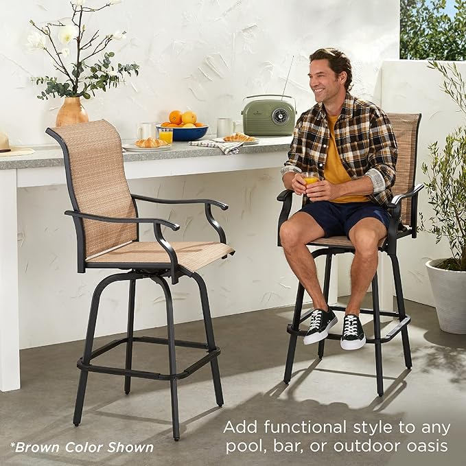Best Choice Products Set of 2 Swivel Barstools, Bar Height Outdoor Chairs, 360 Rotating Patio Bar Stools w/All-Weather Mesh, 300lb Capacity - Ivory