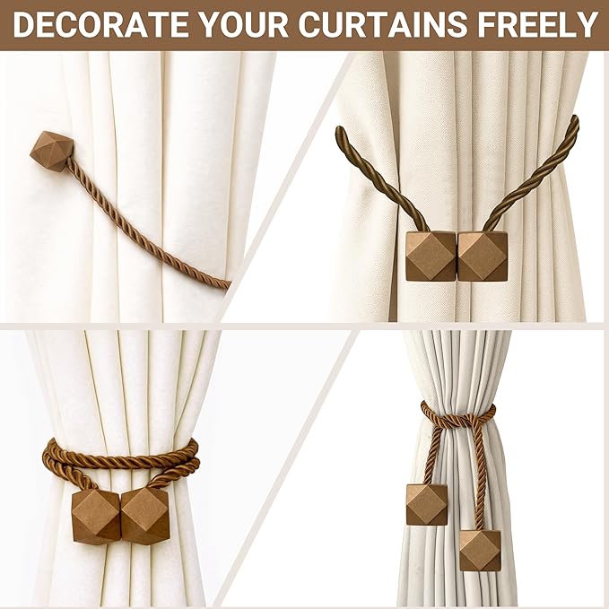 Hion Magnetic Curtain Tiebacks Dark Brown 2pcs, Curtain Tiebacks Buckles Holdbacks Holders Hooks Clip for Home Bedroom Office Decorative Curtain