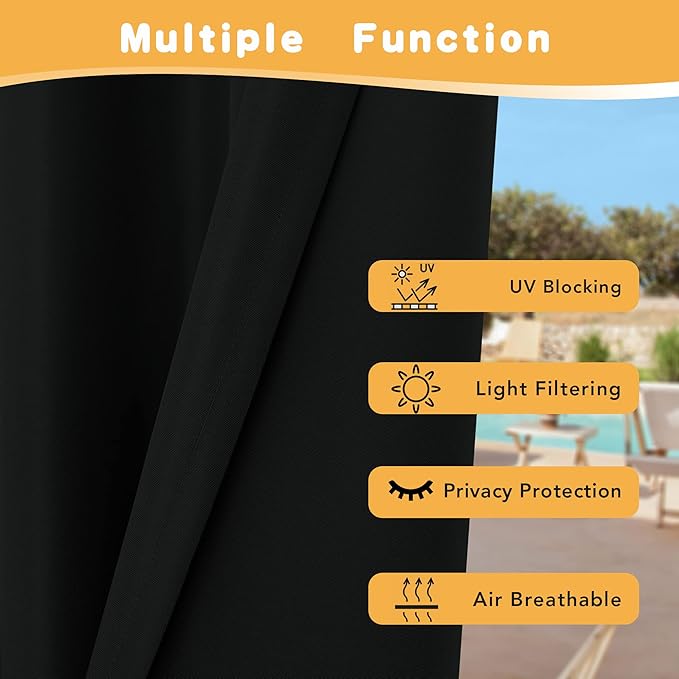 HolidayIdeas Outdoor Curtains for Patio Waterproof, 2 Panels - 84 x 84 Inch - Privacy Protection & Light Filtering Curtains Grommet Outside Curtains for Porch, Gazebo, Pergola, Backyard (Black)