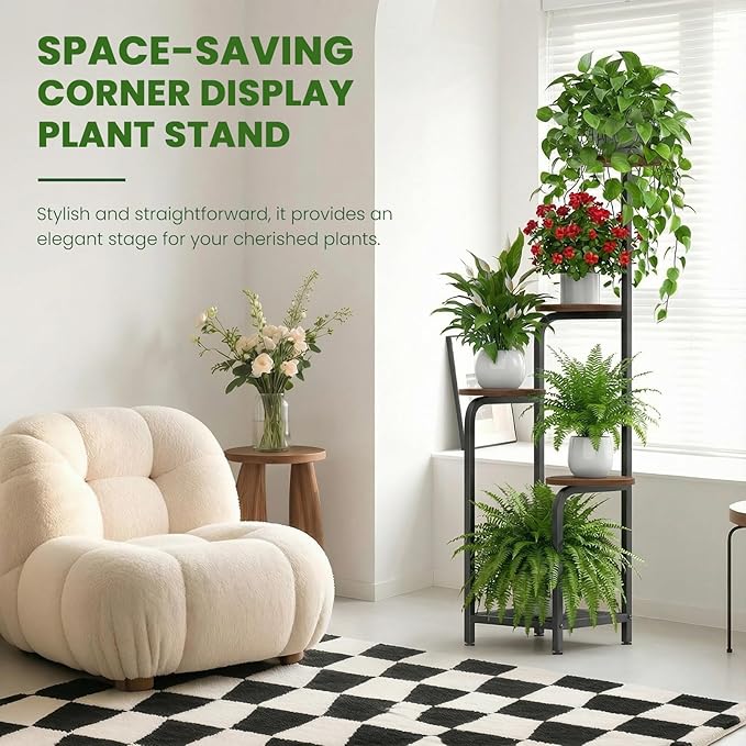 TOSKING 5 Tier Metal Plant Stand Indoor 48''H Tall ,Heavy Duty Plant Shelf , Corner Shelf Flower Pot Stand for Outdoor Plant Stand for Living Room Balcony Garden Patio Bedroom (5 Tier-Brown)