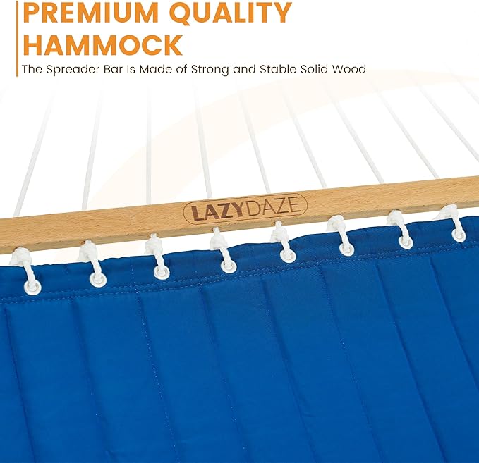 Lazy Daze 12 FT Double Quilted Fabric Hammock with Spreader Bars and Detachable Pillow, 2 Person Hammock for Outdoor Patio Backyard Poolside, 450 LBS Weight Capacity, Dark Blue/Natural