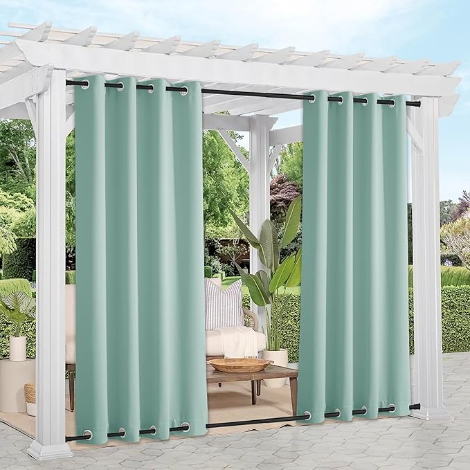 NICETOWN 2 Panels Weighted Outdoor Curtains 95 inch Long, Stainless Grommet Top & Bottom, Waterproof & Windproof Thermal Insulated Sun Blocking Privacy Curtains for Gazebo/Pergola, Aqua Blue, 52" W