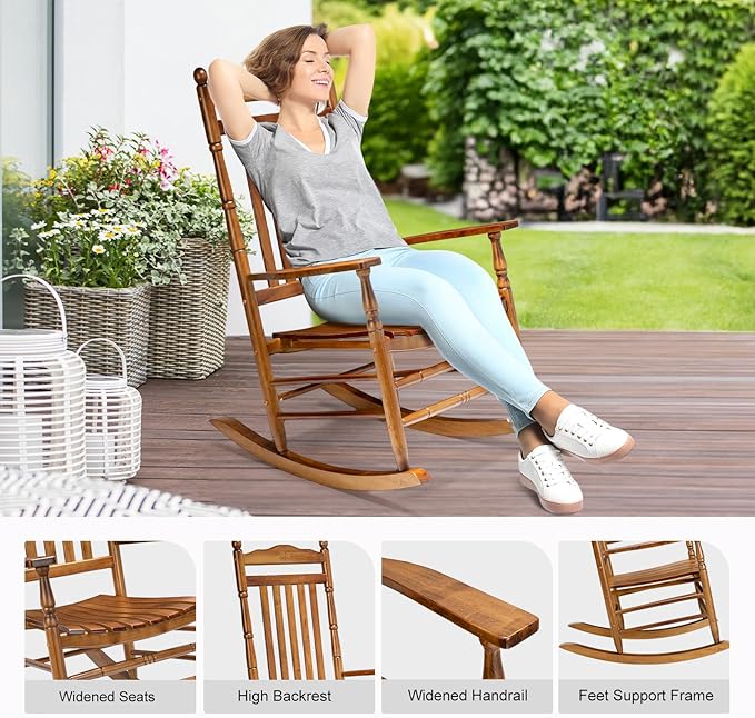 VINGLI Wooden Rocking Chair, Outdoor Chair with 450 lbs Support, Relaxing Rocker with Solid Wood High Back Seat Reclining Seat for Deck, Garden, Backyard, Porch, Indoor or Outdoor Use (Teak, 1PC)