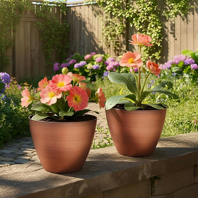 2 Pack Plastic Plant Pots with Drainage Holes, 8 inch Planter for Indoor Outdoor Plant, Garden Flower Pots for Aloe, Herbs, Cactus (Brushed Copper, 2pcs)