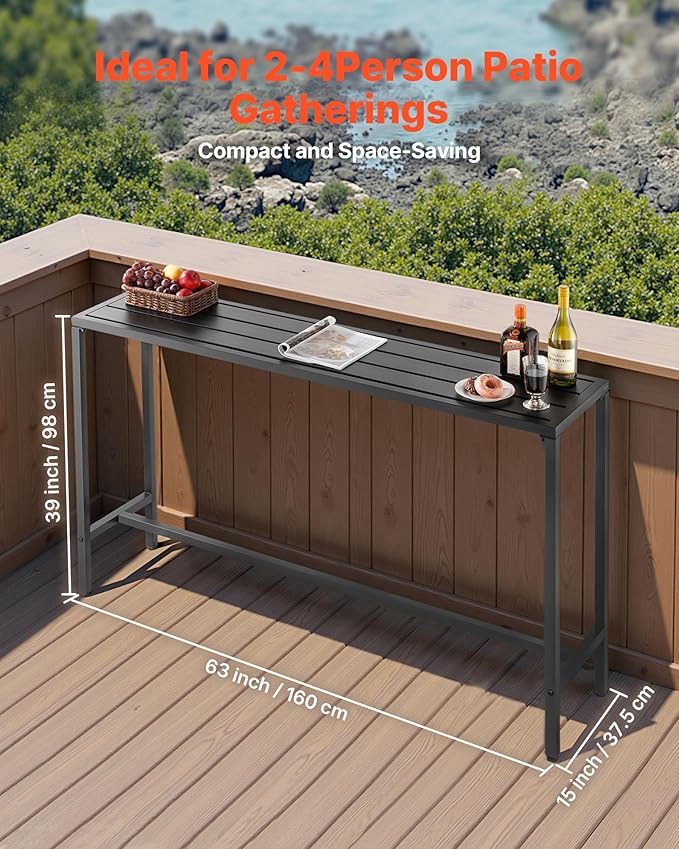 VEVOR Outdoor Bar Table, 63 x 15 in Patio Bar Table, Waterproof Top & Sturdy Metal Frame, Rectangle Counter Height Dining Tables, Outdoor Furniture for Balcony, Yard, Hot Tub, Poolside, Indoor