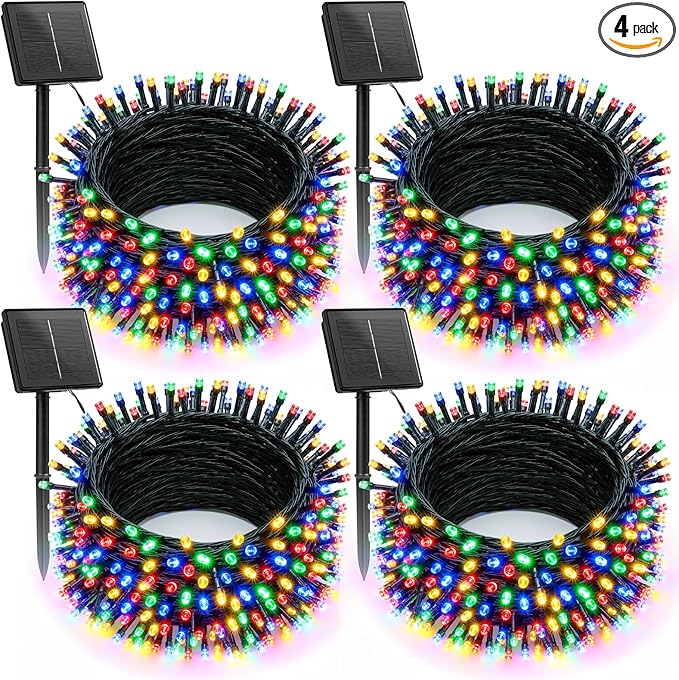 Brightown Solar Christmas Lights Outdoor, 4 Pack Total 184FT 480 LED Solar String Lights Outdoor Waterproof Green Wire with 8 Modes, Solar Fairy Light for Garden Yard Patio Party Decors, Multicolor