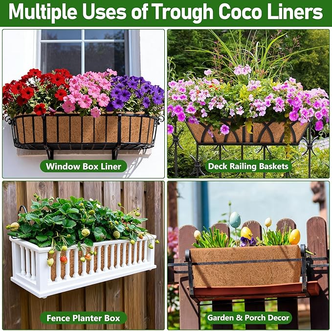 Riare 2 Pack 36 Inch Rectangle Coconut Liners for Planters, Natural Coconut Fiber Planter Liners, Window Box Liner Trough Coco Liner for Outdoor Flower, Garden Wall, Deck & Fence Planter Boxes