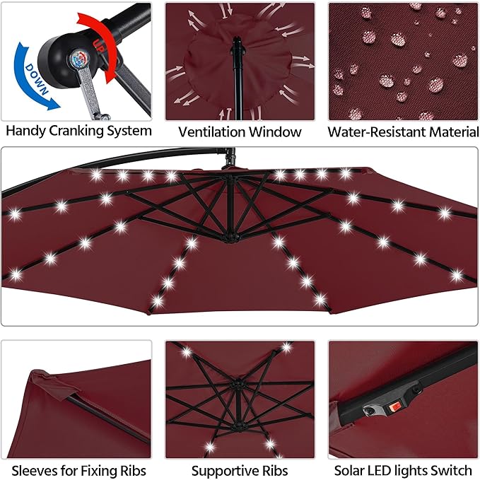 Yaheetech 10FT Solar Offset Umbrella with 32 LED Lights Cantilever Hanging Outdoor Umbrellas Handy Crank & Cross Base for Lawn/Deck/Backyard/Pool Burgundy