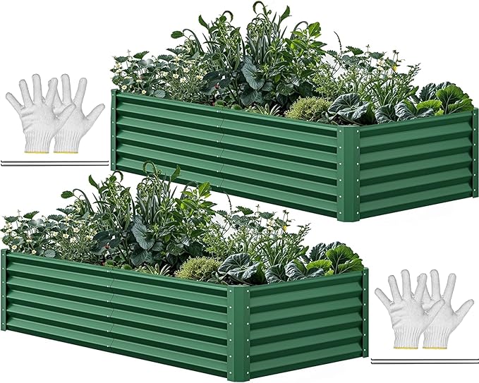 YITAHOME 6x3x1.5 2pcs Large Raised Garden Bed Kit, Galvanized Metal Planter Box with Gloves, Ground Nails, Support Rod, Outdoor Above Ground Planters for Plants Vegetables Flowers, Green