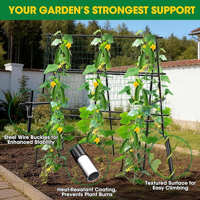 Cucumber Trellis, 47''X47'' A-Frame Cucumber Trellis for Raised Bed with Climbing Net, Metal Garden Trellis for Climbing Plants for Cucumber,Tomato, Grapes and Flowers