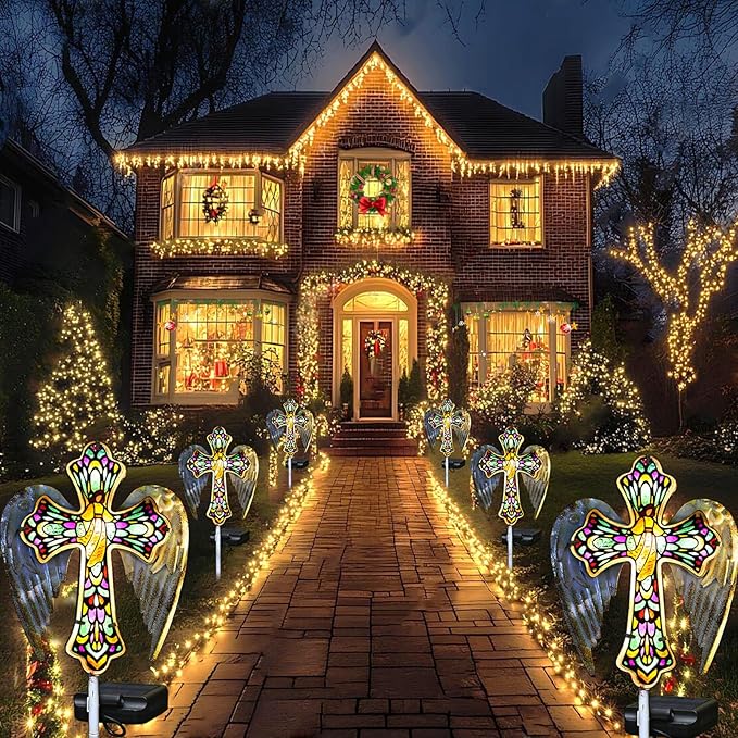 YJFWAL Solar Glass Cross Garden Stake Light, Cemetery Decorations for Grave Outdoor Lights, Easter Jesus Cross Angel Wings Sympathy Memorial Gifts, for Garden Lawn Yard Patio Decor