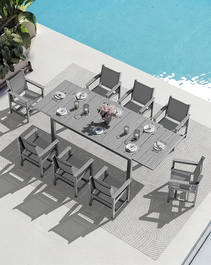 SERWALL 9-Piece Outdoor Dining Set, 60" - 83" Expandable Patio Dining Table with 6 Breathable Textilene Chairs, All Weather HDPE Patio Furniture Set for Backyard, Garden, Grey