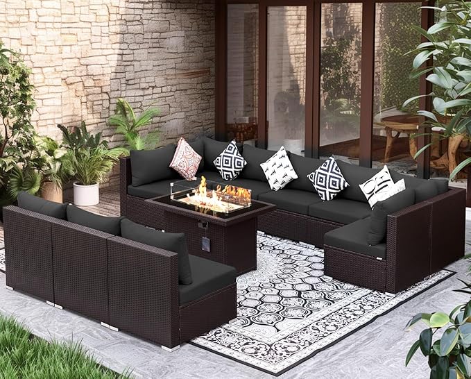 NICESOUL 11 Pcs Modern Outdoor Patio Sectional Furniture Set with Fire Pit Table, 29.3'' High Back Conversation Sets with Firepit, Cozy Large U-Shaped L-Shape Couches, Brown Rattan and Gray Cushion