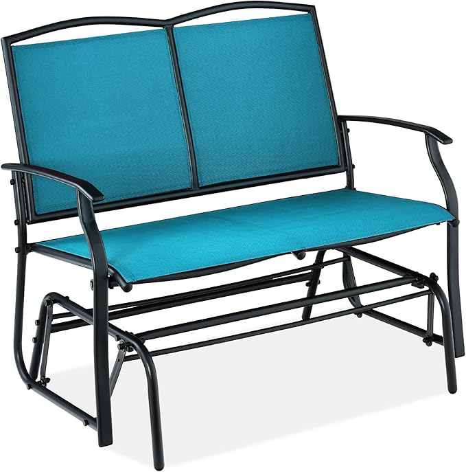 Best Choice Products 2-Person Outdoor Patio Swing Glider Steel Bench Loveseat Rocker for Deck, Porch w/Textilene Fabric, Steel Frame - Peacock Blue/Black