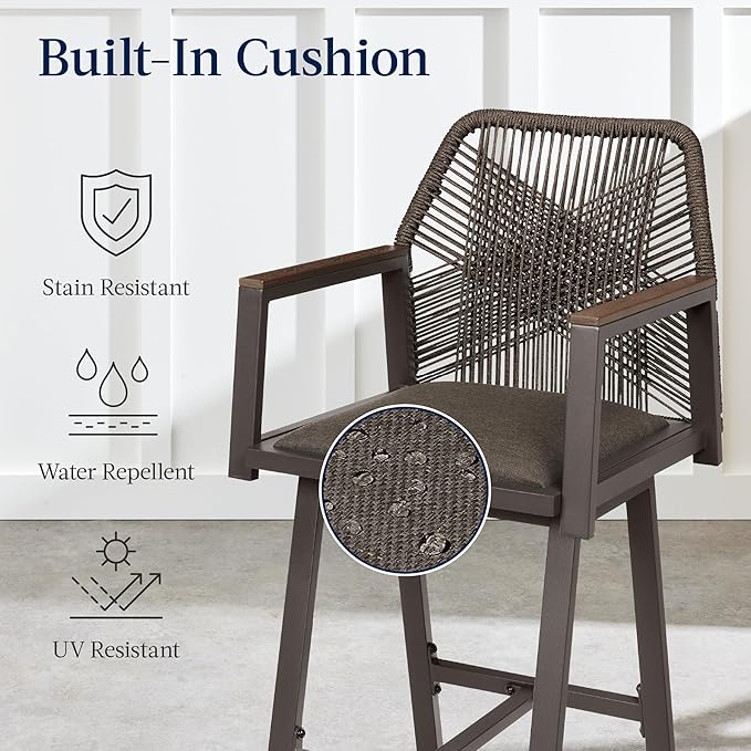 Best Choice Products Outdoor Bar Stools Set of 2, Bar Height, 360° Swivel Aluminum Frame, All-Weather Woven Rope Chair Design w/Armrests - Brown/Mocha
