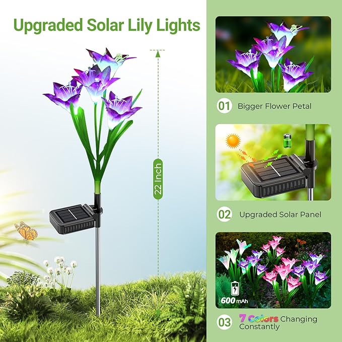 WdtPro Solar Outdoor Lights Garden Decorative 10 Pack, Waterproof Solar Garden Lights with 40 Lily Flowers, Multi-Color Changing Outdoor Solar Lights for Yard Outside Decorations