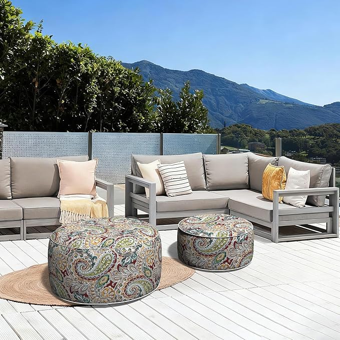 LVTXIII Outdoor Inflatable Ottoman, Fade-Resistant Round Footrest Stool D31”x H14”, Portable Patio Pouf for Garden Camping or Home Use, Paisley Chilli