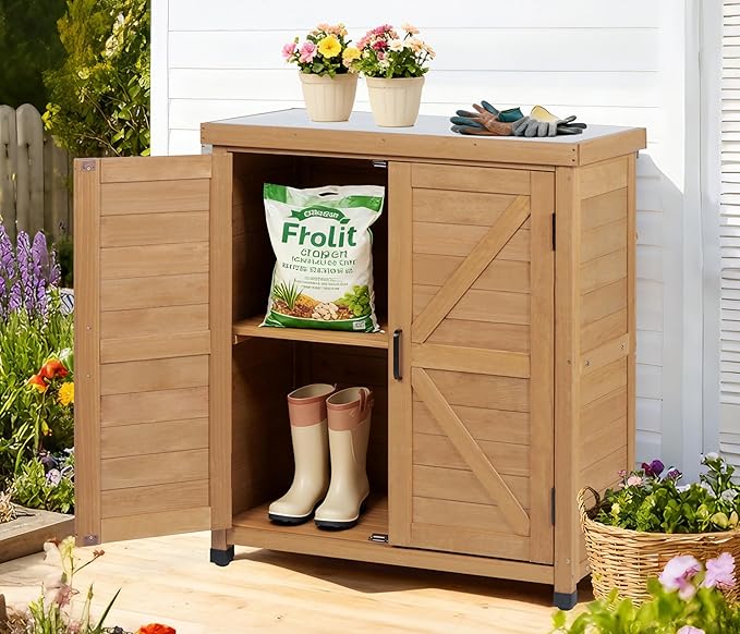 Outdoor Potting Bench with Storage Cabinet and Metal Top, Wood Workstation for Outdoor Patio, Garden (Light Brown, 31x17x36‘’)