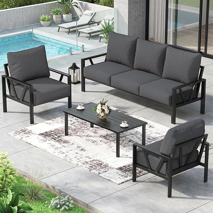 Outdoor Patio Furniture Set, 4 Pieces Metal Patio Furniture Set with Coffee Table, Modern Outdoor Patio Conversation Seating Set, Grey