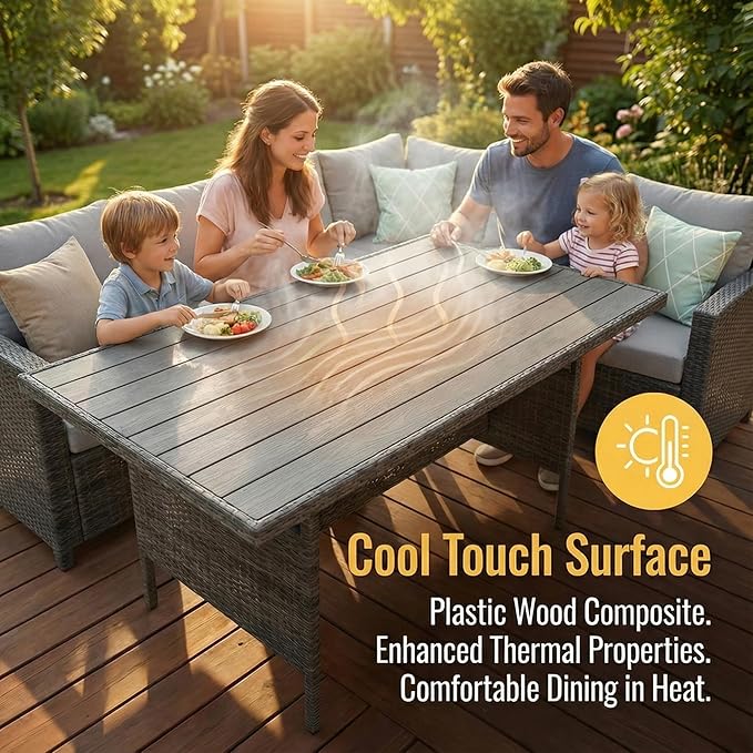 Wisteria Lane 7 Piece Patio Furniture Set, High Curved Back Wicker Patio Sectional, All Weather Outdoor Dining Set, Outdoor Furniture Patio Conversation Set with Ottoman, Ash Gray