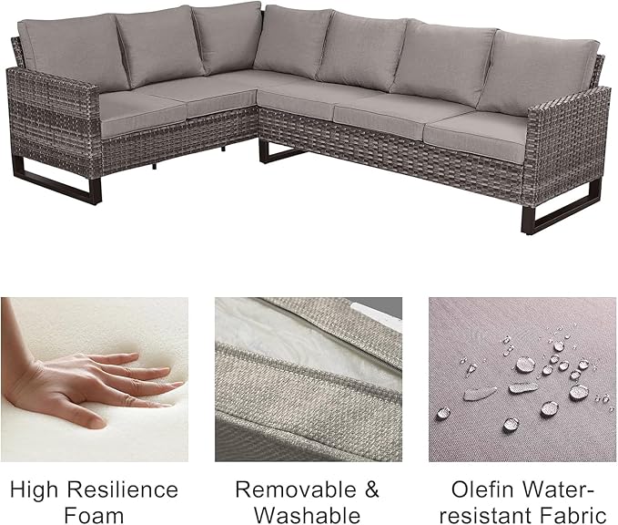Patio Sectional Furniture Set with Fire Pit Table: 10 Pieces Wicker Patio Conversation Set with L Shaped Sofa, Outdoor Swivel Glider Rocker, Rattan Club Chairs, Ottomans, Removable Cushions Grey