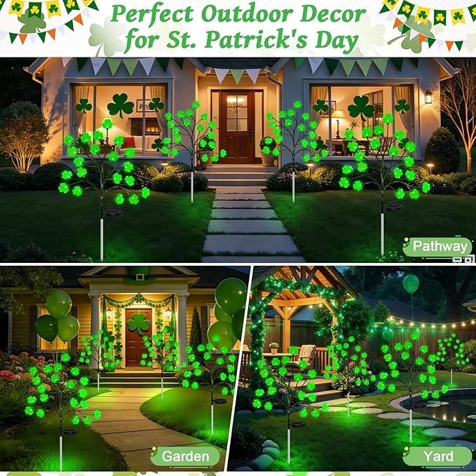 4 Pack St Patricks Day Solar Outdoor Lights, 80 LED St Patricks Day Decorations, Solar Shamrock Stakes Lights with 8 Modes, Waterproof Lucky Green Clover Pathway Light for Yard Garden Lawn Decor