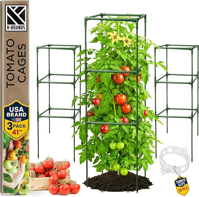 Tomato Cage Square - Large Trellis Stakes and Plant Support Structures for Vegetables and Climbing Plants - Tall Tomato Cages for Garden, Pots, Raised Garden Bed Outdoor Supplies (3 Pack - Up to 41")