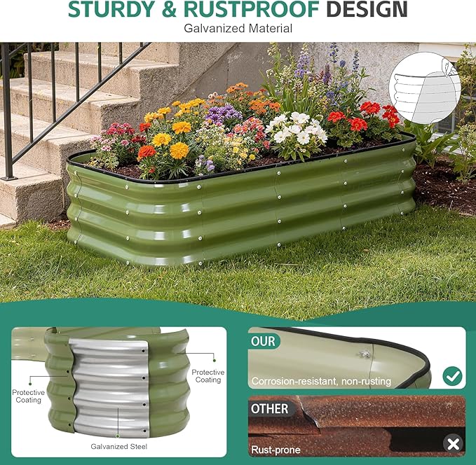 3 in 1 Galvanized Raised Garden Bed - 4x2x1ft Modular Garden Planter Bed Outdoor | Steel Raised Bed Kit with Bracing Rods, Gloves for Gardening Vegetables Fruits and Flowers (Green)