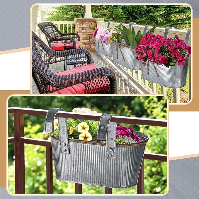 Hicarer 4 Pcs Metal Hanging Flower Pots, 10.6 Inch Vertical Grained Metal Color Outdoor Hanging Planters Window Plant Holder with Detachable Hooks for Railing Fence Balcony Garden Yard