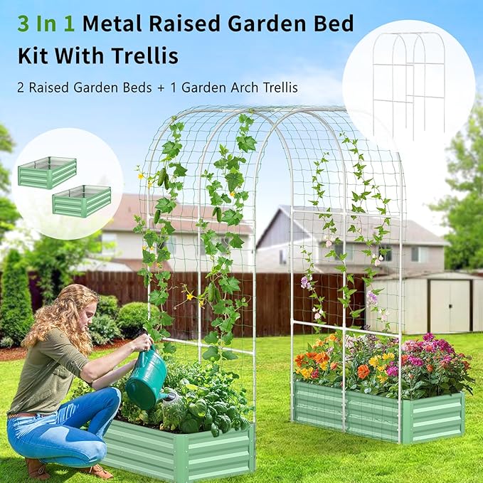 DoCred 3 in 1 Raised Garden Bed with 87in Tall Arch Trellis for Climbing Plants, Galvanized Planter Garden Box Outdoor for Gardening, Climbing Vegetables, Flower, Green