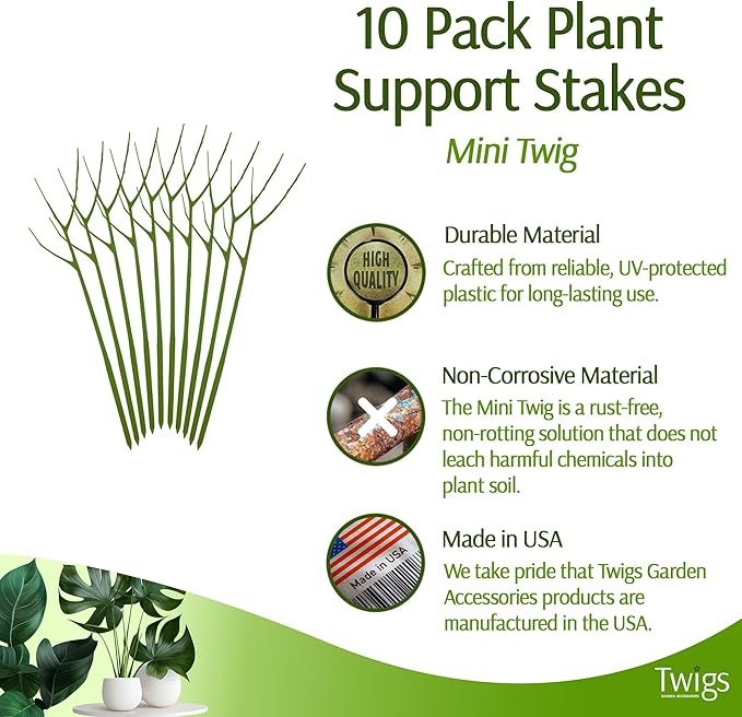 Mini Twigs Plant Support Stakes for Small Plants, Indoor & Outdoor Use, Gardening Supplies, Garden Accessories, Trellis & Ring Alternative, Made in USA - Peony (Light Green), 10 Pack, 12" L