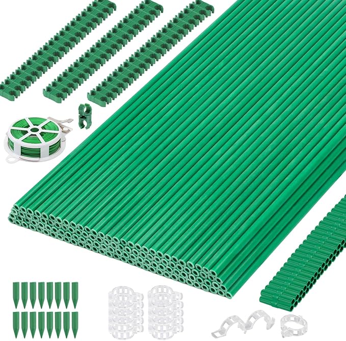 Cludoo 393PCS Garden Stakes Set with 120 Sets Fiberglass Plant Stakes Sticks Supports and Accessories, DIY 4ft 5ft 6ft 7ft Tomato Stakes for Tomato,Vegetables, Pepper, Indoor Outdoor Spring Plants