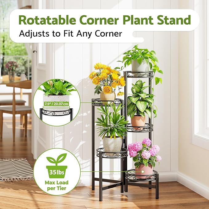 Metal Plant Stand Indoor Outdoor, 5 Tier 5 Potted Multiple Plant Shelf Stands, Wrought Iron Flower Holder Shelf, Folding Tall Rack Shelf for Patio, Balcony, Corner Living Room - BlackCircle