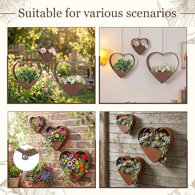 3 Pcs 3 Size Heart Metal Hanging Planter Indoor Outdoor, 13.4" 10.6" 7" Large Metal Plant Hangers Vintage Flower Pot with Hook Chain Drain Hole Gift for Gardener Women Mom Home Decor(Brown)