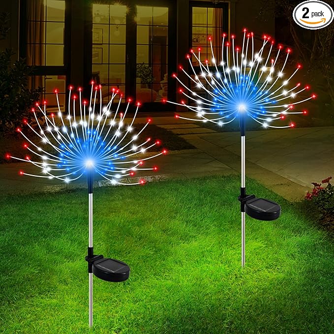 Solar Garden Lights Outdoor Waterproof, 2 Pack 120 LED Solar Firework Lights Decorative Garden Décor Outside for Flowerbed Pathway Party Christmas Decoration, Multicolor