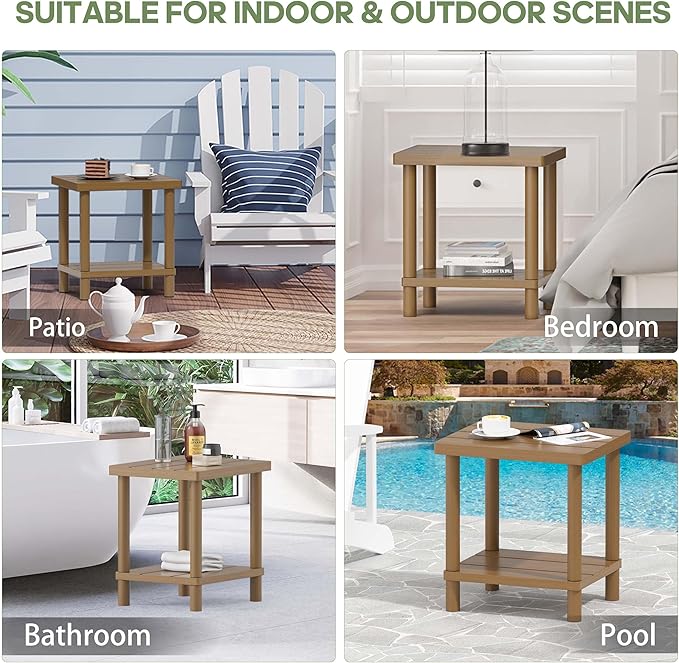Outdoor Side Table, 2-Tier Small Outdoor Table for Patio, Adirondack Side Tables for Outside or Indoor, Bamboo End Table for Pool, Porch, Weather Resistant Easy Maintenance,Brown