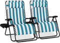 Best Choice Products Set of 2 Extra Wide Adjustable Steel Mesh Zero Gravity Lounge Chair Recliners w/Pillows and Cup Holder Trays - Peacock Blue Stripes
