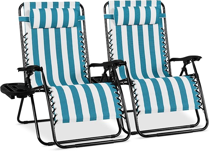 Best Choice Products Set of 2 Extra Wide Adjustable Steel Mesh Zero Gravity Lounge Chair Recliners w/Pillows and Cup Holder Trays - Peacock Blue Stripes