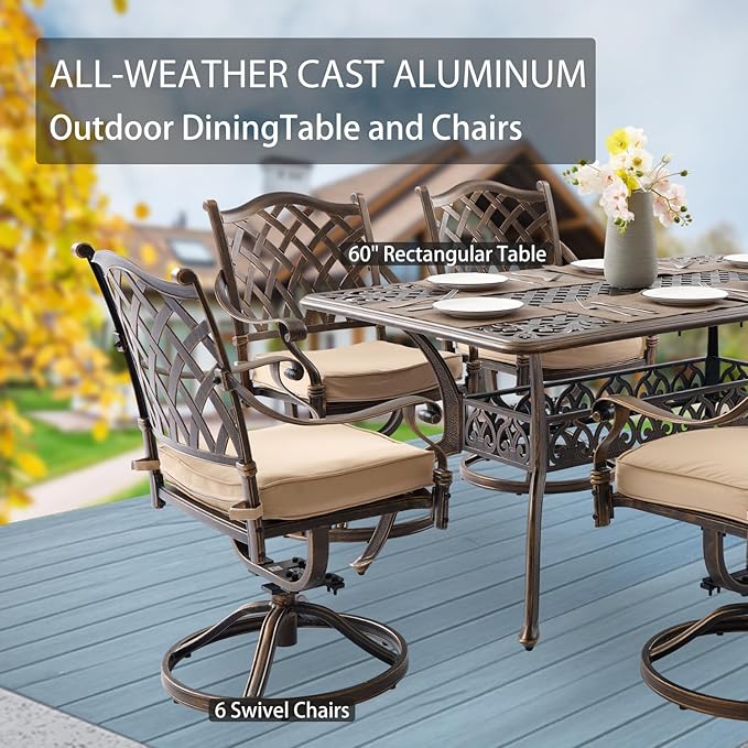 7-Piece Cast Aluminum Patio Furniture, Patio Dining Set for 6 Include 59" Rectangular Outdoor Dining Table and 6 Swivel Chairs with Cushions & Umbrella Hole(Bronze)