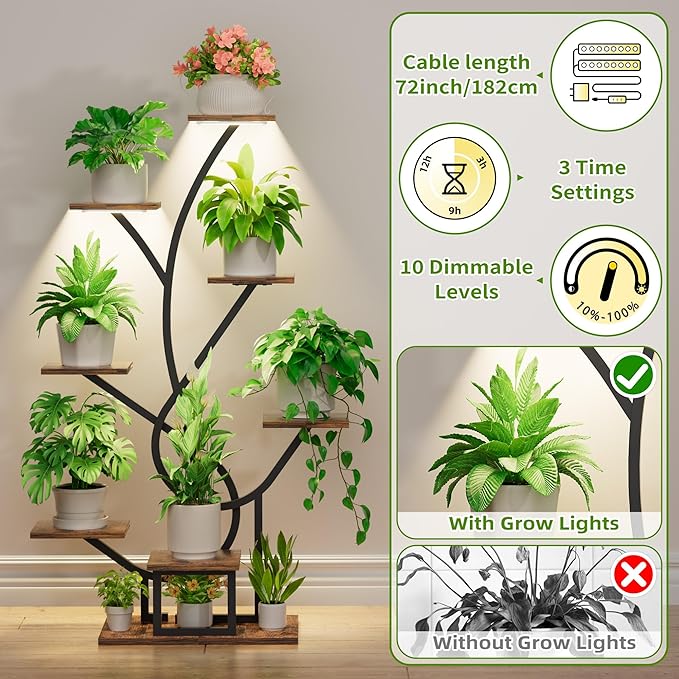 Plant Stand Indoor with Grow Lights - 8 Tiered Corner Plant Shelf Indoor, 50" Tall Lighted Plant Stand for Indoor Multiple Plants, Flower Stands Display Rack Holder for House, Patio, Black